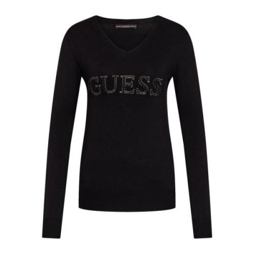 Zwarte Trui met V-Hals en Lange Mouwen Guess , Black , Dames