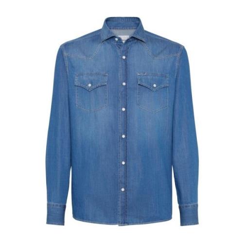 Blauwe Denim Drukknop Shirt Brunello Cucinelli , Blue , Heren