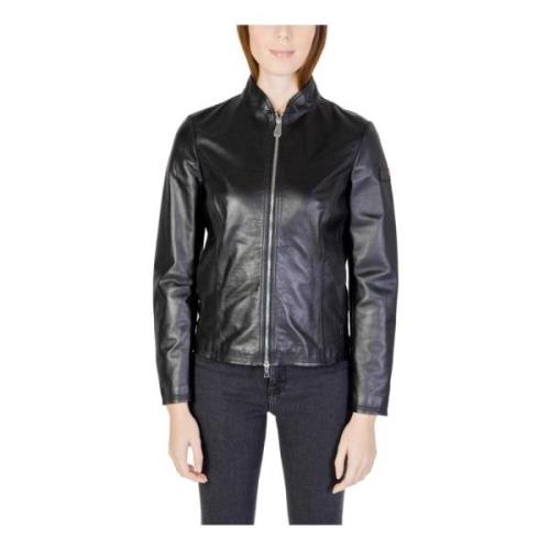 Zwarte Leren Zippered Mandarin Kraag Blazer Peuterey , Black , Dames