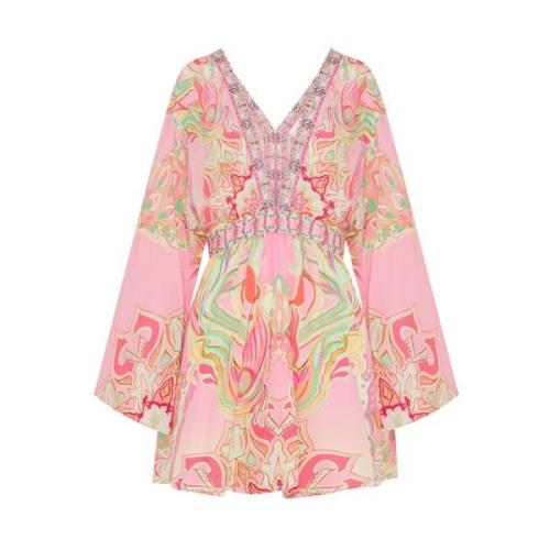 Gebundelde Kimono Zijden Mini Jurk Camilla , Multicolor , Dames