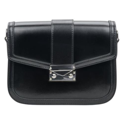 Luxe Zwarte Leren Handtas met Zilveren Hardware Estro , Black , Dames