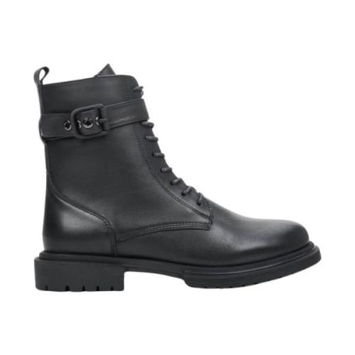 Elegante Zwarte Leren Winter Enkellaarzen Estro , Black , Dames