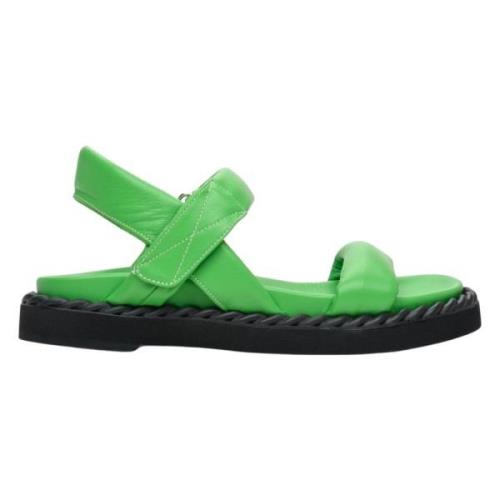 Dames Groene Leren Platte Sandalen Er00112984 Estro , Green , Dames