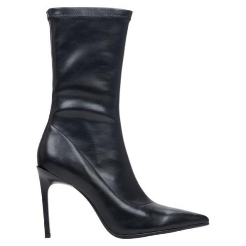 Zwarte Leren Stiletto Enkellaarzen met Elastisch Bovenwerk Er00113949 ...