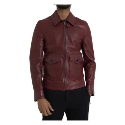 Maroon Exotisch Leren Bikerjas Dolce & Gabbana , Brown , Heren