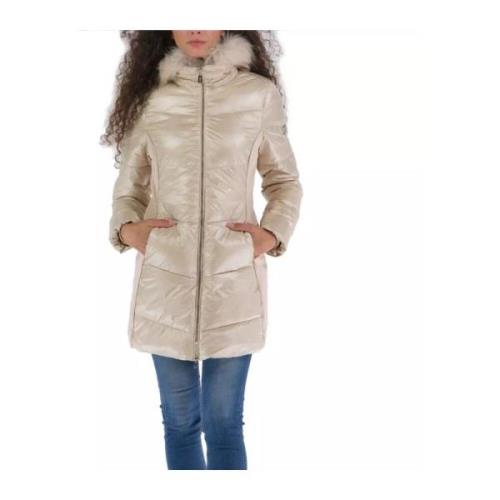 Beige Gewatteerde Nylonjas met Dubbele Rits YES ZEE , Beige , Dames