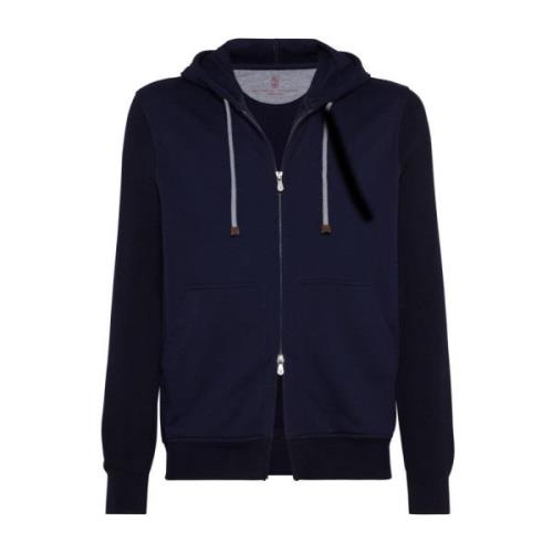 Navy Blauwe Hoodie met Rits Brunello Cucinelli , Blue , Heren