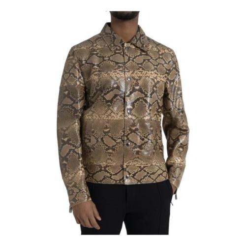 Python Leren Biker Jack Beige Dolce & Gabbana , Multicolor , Heren