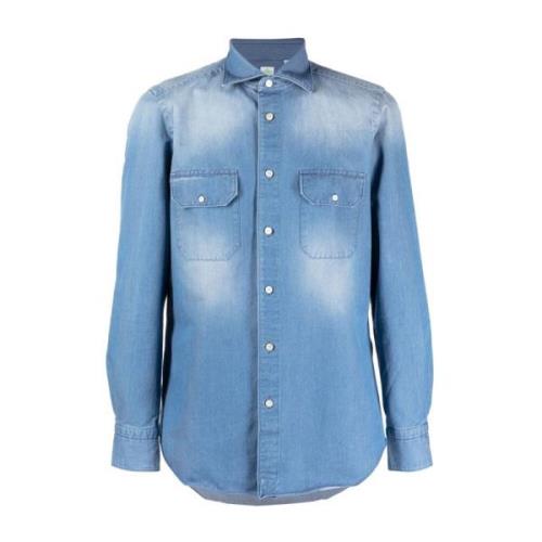 Heldere Blauwe Denim Overhemd Finamore , Blue , Heren