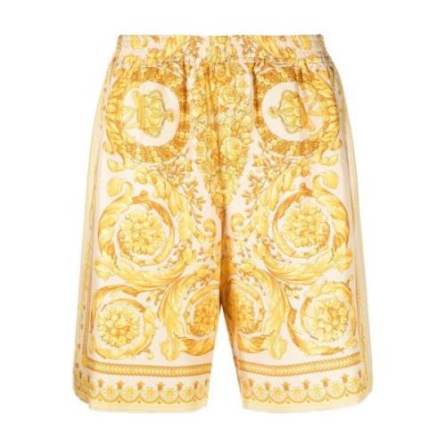 Gouden Barocco Print Zijden Shorts Versace , Yellow , Heren