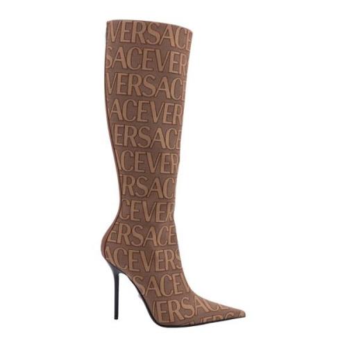 Bruine Canvas Stiletto Enkellaarzen Versace , Brown , Dames