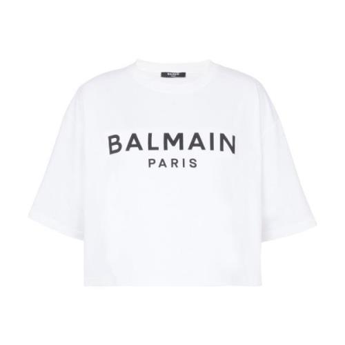 Geknipte katoenen T-shirt met logoprint Balmain , White , Dames