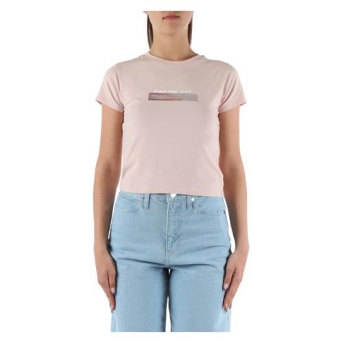Logo Print Cropped Stretch Cotton T-shirt Calvin Klein Jeans , Pink , ...