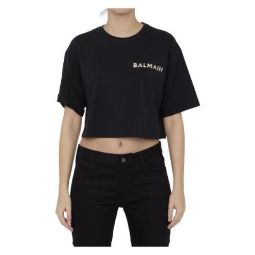 Zwarte Cropped Crewneck T-Shirt Ss24 Balmain , Black , Dames