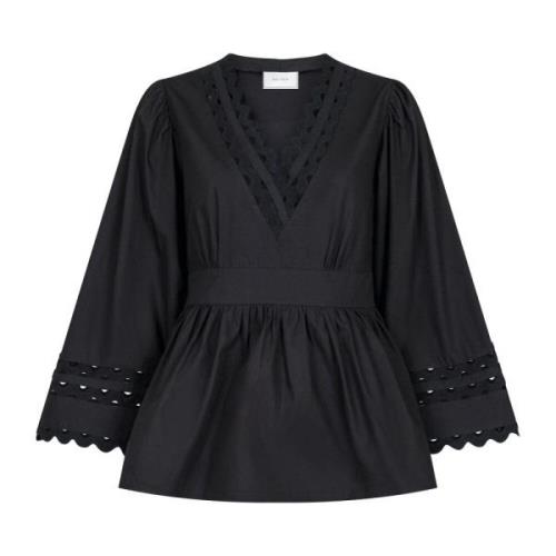 Gesmockte Tape Blouse Neo Noir , Black , Dames