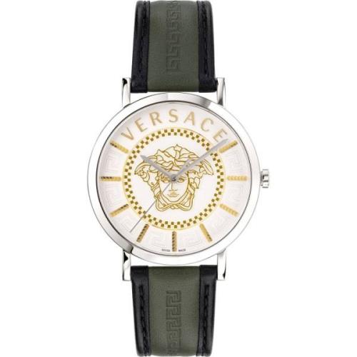 Essentiële Heren Leren Horloge Groen Wit Versace , Multicolor , Heren