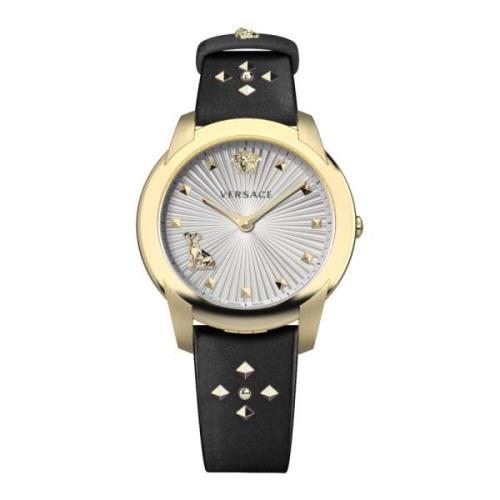 Audrey Leren Armbandhorloge met Gouden Studs Versace , Yellow , Dames