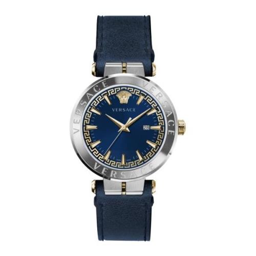 Aion Leren Band Blauw Wijzerplaat Horloge Versace , Multicolor , Heren