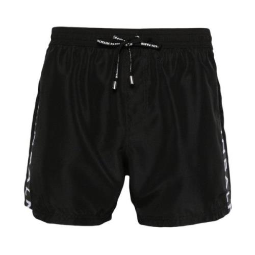 Zwarte Swim Boxer met Zilver Geborduurd Logo Balmain , Black , Heren