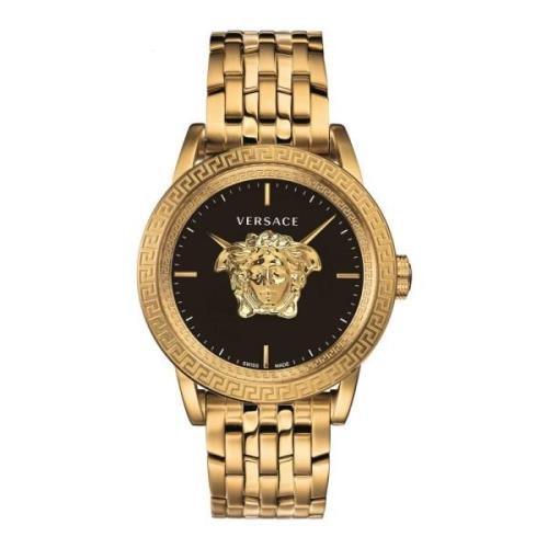 Luxe Goud Stalen Horloge Zwarte Wijzerplaat Versace , Yellow , Heren