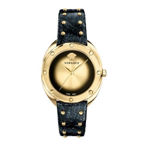 Zwart Lederen Gouden Roestvrijstalen Horloge Versace , Yellow , Dames