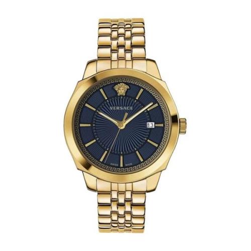 Klassiek Goud Staal Blauw Wijzerplaat Horloge Versace , Yellow , Heren