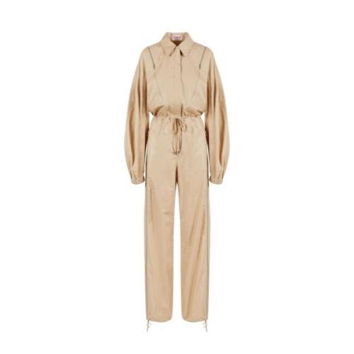 Chinched Cotton Poplin Zipped Jumpsuit Iceberg , Beige , Dames