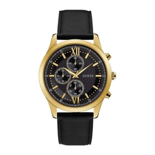 Zwarte Leren Herenhorloge met Gouden Accenten Guess , Black , Heren