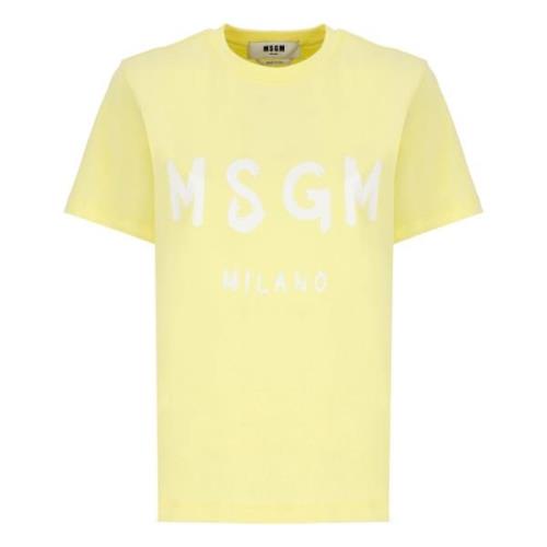 Gele Katoenen T-shirt Ronde Hals Korte Mouwen Msgm , Yellow , Dames