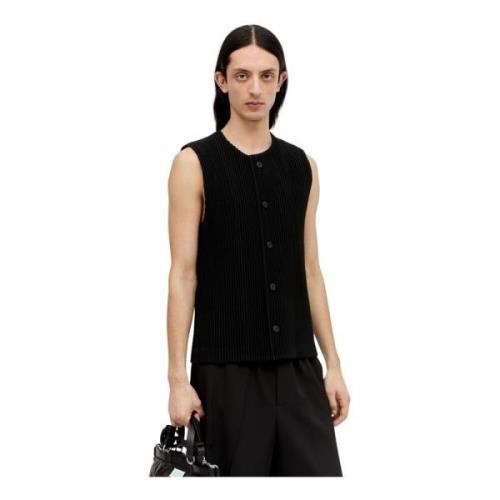 Geplooide Gebreide Crewneck Top Issey Miyake , Black , Heren