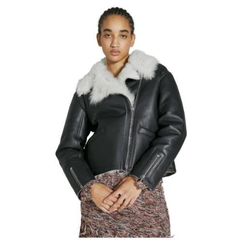 Shearling-Kraag Leren Bikerjas Durazzi Milano , Black , Dames