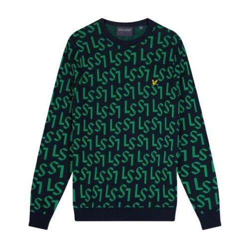 Monogram Gebreide Crew Neck Trui Lyle & Scott , Blue , Heren