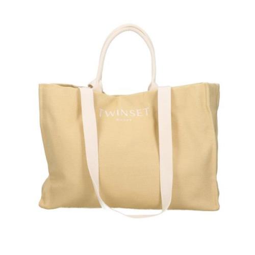 Contrast Stof Shopper Tas Twinset , Beige , Dames