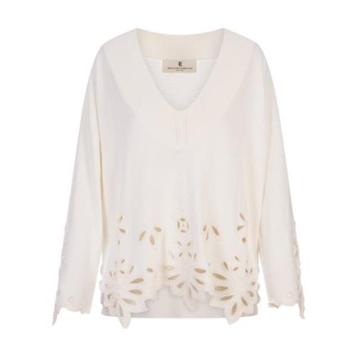 Witte V-hals Sweater met Borduurwerk Ermanno Scervino , White , Dames