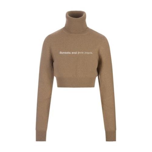 Bruine Crop Turtleneck Sweater met Slogan Palm Angels , Brown , Dames