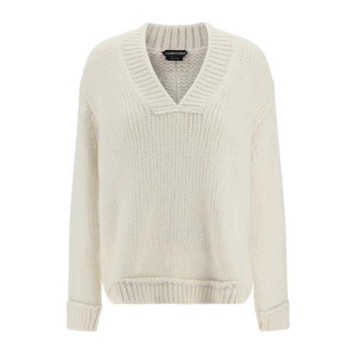 Witte Alpaca Sweater V-Hals Geribbeld Tom Ford , White , Dames