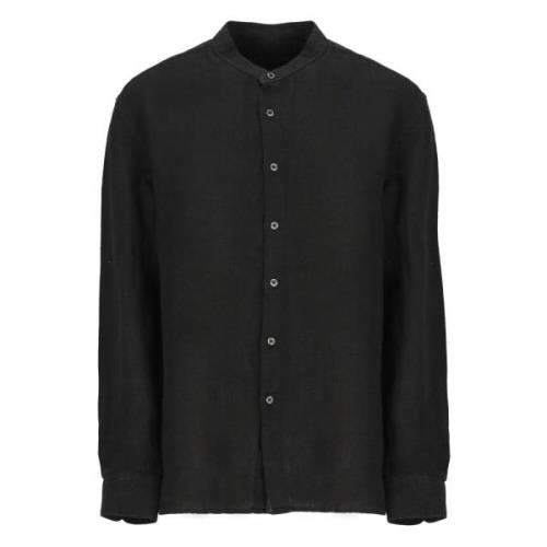 Zwarte Linnen Mandarin Kraag Shirt 120% Lino , Black , Heren