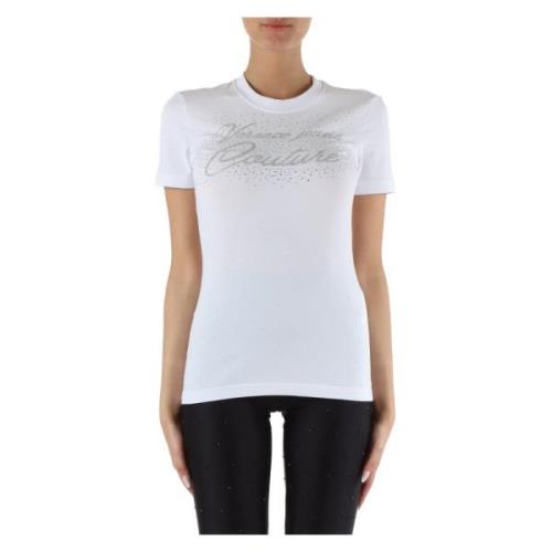 Stretch Katoenen T-shirt met Strass Logo Versace Jeans Couture , White...