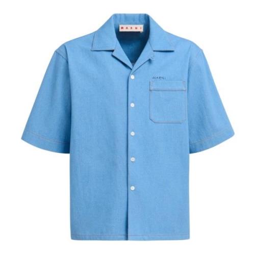 Denim bowling shirt met mending logo Marni , Blue , Heren