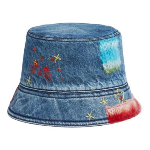 denim bucket hat met mohair patches Marni , Blue , Dames