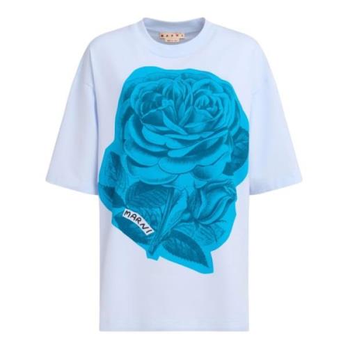 Katoenen T-shirt met maxi bloemenprint Marni , Blue , Dames