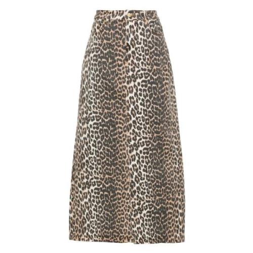 Leopard-Print Denim Midi Rok Ganni , Brown , Dames