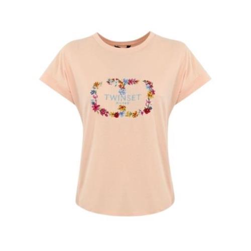 Bloemen geborduurde T-shirts en Polos Twinset , Pink , Dames