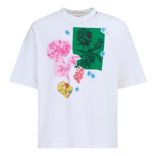 Katoenen T-shirt met bloemenprints Marni , White , Heren