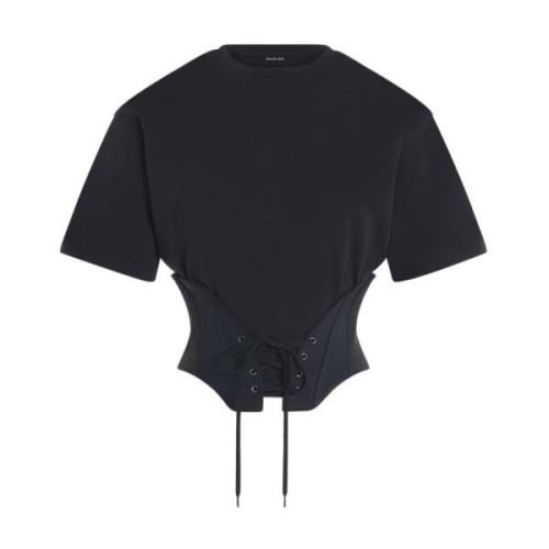 Zwarte Katoenen T-shirt met Korsetdetails Mugler , Black , Dames