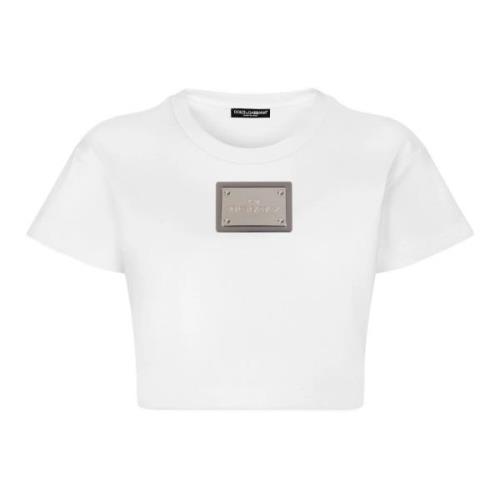 Kim Cropped T-Shirt met Tag Dolce & Gabbana , White , Dames