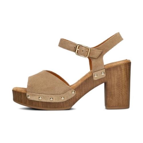 Stijlvolle Taupe Suède Sandalen met Houten Hak Unisa , Beige , Dames