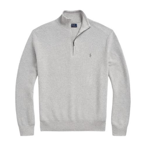 Lichtgrijze Mesh-Gebraden Katoenen Quarter-Zip Sweater Polo Ralph Laur...
