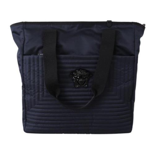 Blauwe Nylon Tote Tas met Leer Versace , Blue , Heren