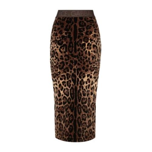 Leopard Print Chenille Midi Rok Dolce & Gabbana , Brown , Dames